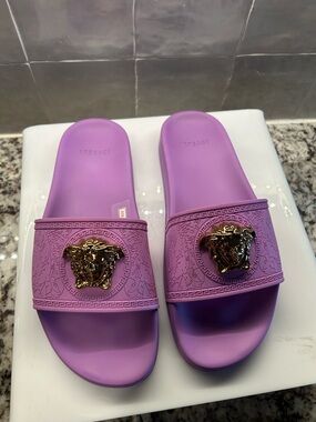 Versace Purple Slide Sandals with Gold Medusa Emblem
